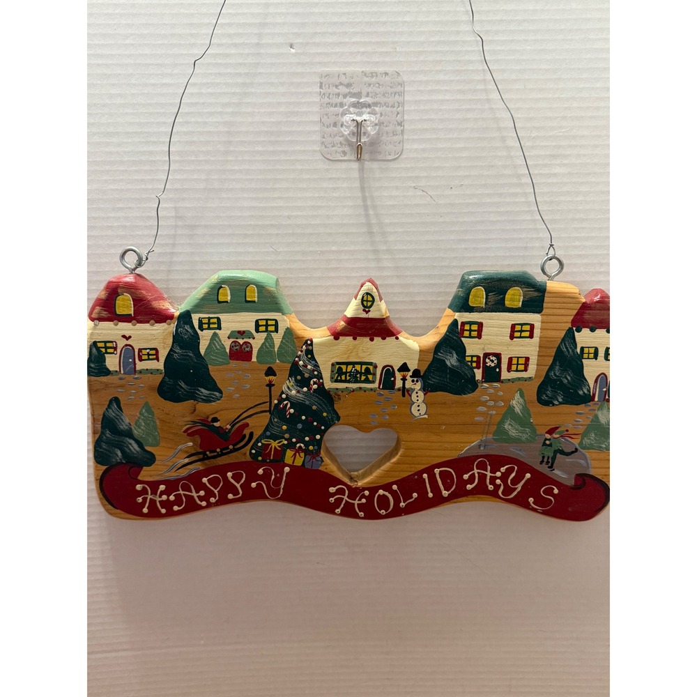 Handmade‎ Christmas Village Wooden Wall Hanging Sign Happy Holidays signed